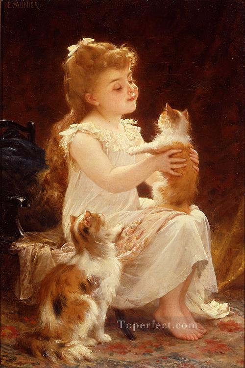 playing with the kitten Academic realism girl Emile Munier Oil Paintings